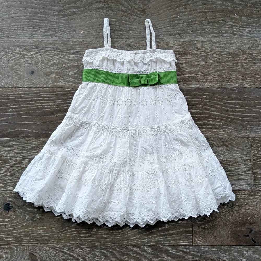 Baby Gap White Eyelet Dress with Green Bow Size 12-18 Months